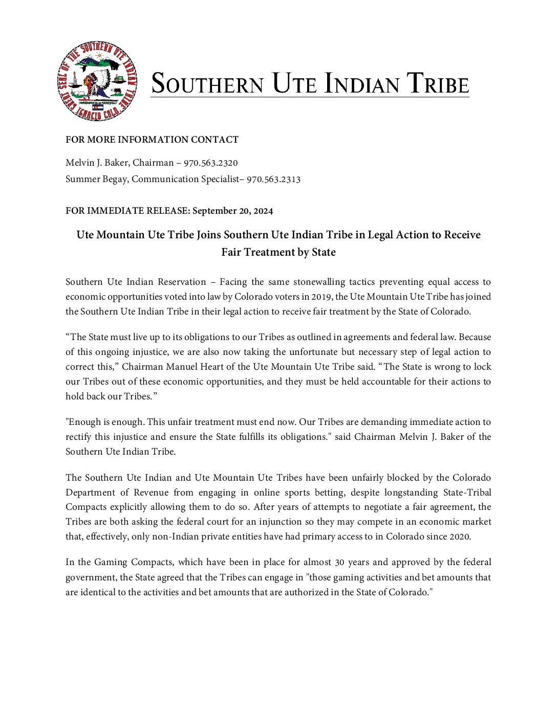 Ute Mountain Ute Tribe Joins Southern Ute Indian Tribe Legal Action To